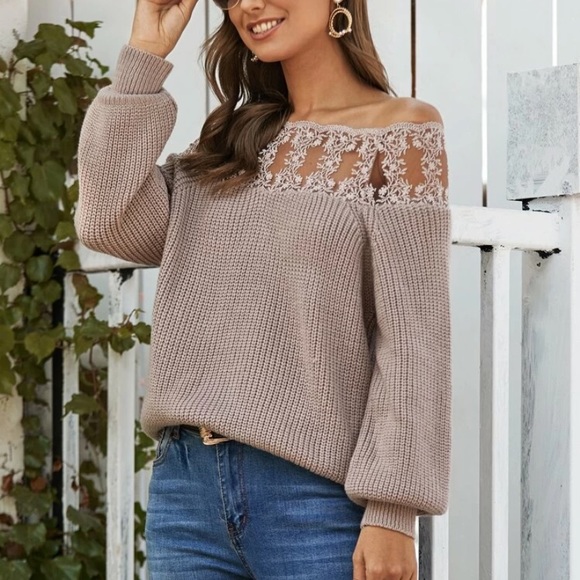 Sweaters - Lace Panel Ribbed Knit Sweater